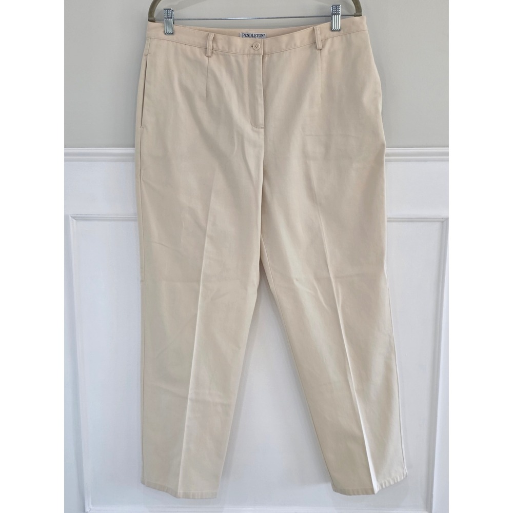 Pendleton‎ Petite 14 Beige 100% Cotton High Rise Pleated Trousers Cream Pants
